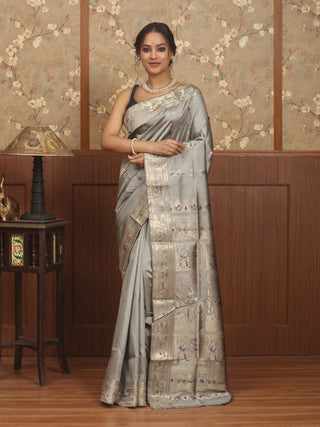 Silver Grey Pure Bishnupuri Katan Silk Swarnachari Saree
