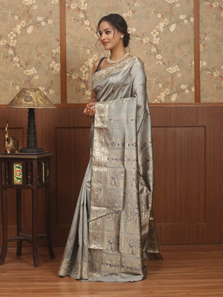 Silver Grey Pure Bishnupuri Katan Silk Swarnachari Saree