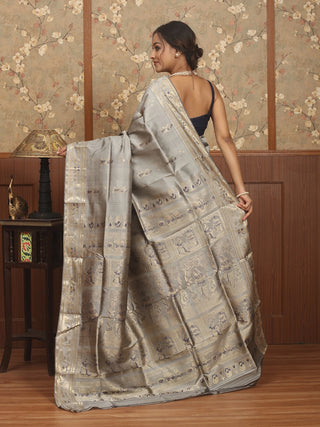 Silver Grey Pure Bishnupuri Katan Silk Swarnachari Saree