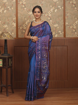 Blue-Maroon Dual Tone Baluchari Saree with Meenakari Woven Detailing