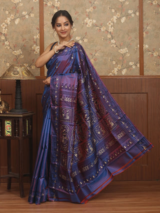 Blue-Maroon Dual Tone Baluchari Saree with Meenakari Woven Detailing