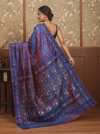 Blue-Maroon Dual Tone Baluchari Saree with Meenakari Woven Detailing