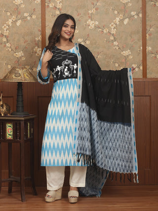 SHYAM VISTARA – Sky Blue and Black Double Ikkat Set with Warli Tableau