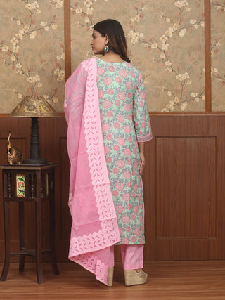 Pankhuri Mint – Sanganeri Jaipur Cotton Kurta Pant Set with Mul Cotton Appliqué Dupatta
