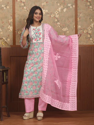 Pankhuri Mint – Sanganeri Jaipur Cotton Kurta Pant Set with Mul Cotton Appliqué Dupatta