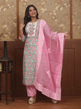 Pankhuri Mint – Sanganeri Jaipur Cotton Kurta Pant Set with Mul Cotton Appliqué Dupatta