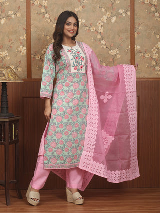Pankhuri Mint – Sanganeri Jaipur Cotton Kurta Pant Set with Mul Cotton Appliqué Dupatta