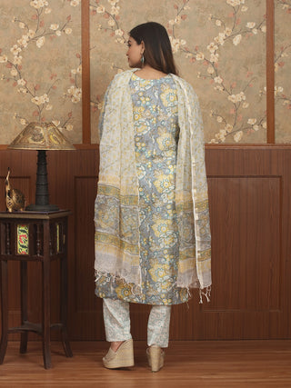 Surya Rekha – Sunlit Grey Sanganeri Cotton Kurta Pant Set with Kota Dupatta