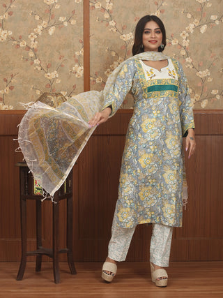 Surya Rekha – Sunlit Grey Sanganeri Cotton Kurta Pant Set with Kota Dupatta