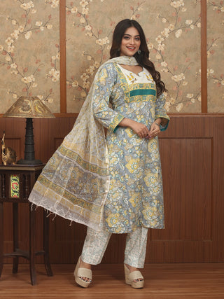 Surya Rekha – Sunlit Grey Sanganeri Cotton Kurta Pant Set with Kota Dupatta