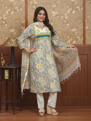 Surya Rekha – Sunlit Grey Sanganeri Cotton Kurta Pant Set with Kota Dupatta