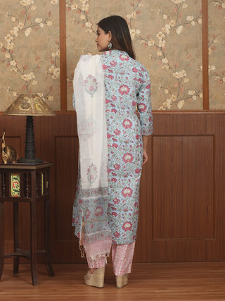 Gul Bahar – Rose Garden Sanganeri Cotton Kurta Pant Set with Kota Dupatta