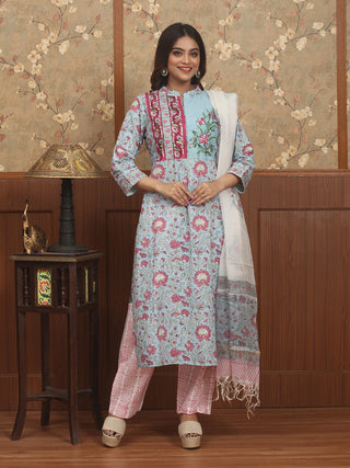 Gul Bahar – Rose Garden Sanganeri Cotton Kurta Pant Set with Kota Dupatta