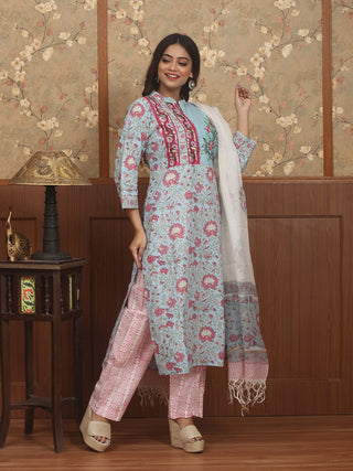 Gul Bahar – Rose Garden Sanganeri Cotton Kurta Pant Set with Kota Dupatta