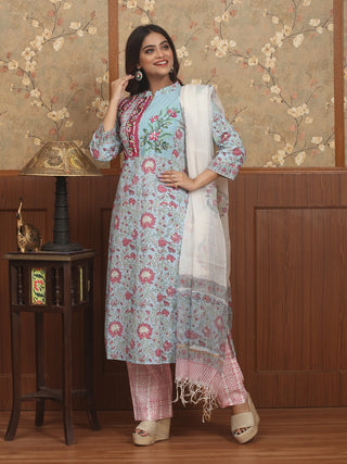 Gul Bahar – Rose Garden Sanganeri Cotton Kurta Pant Set with Kota Dupatta