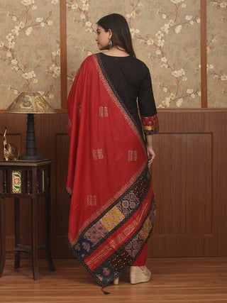 RAKTIKA AJRAKH – Black Lawn Cotton Designer Kurta Set with Gamthi Mirror Patchwork & Ajrakh Detailing