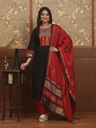 RAKTIKA AJRAKH – Black Lawn Cotton Designer Kurta Set with Gamthi Mirror Patchwork & Ajrakh Detailing