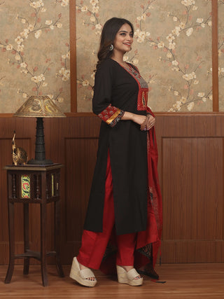 RAKTIKA AJRAKH – Black Lawn Cotton Designer Kurta Set with Gamthi Mirror Patchwork & Ajrakh Detailing