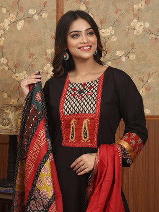 RAKTIKA AJRAKH – Black Lawn Cotton Designer Kurta Set with Gamthi Mirror Patchwork & Ajrakh Detailing