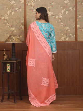 Meghdoot Turquoise – Turquoise Bloom Sanganeri Cotton Kurta Pant Set with Mul Cotton Dupatta