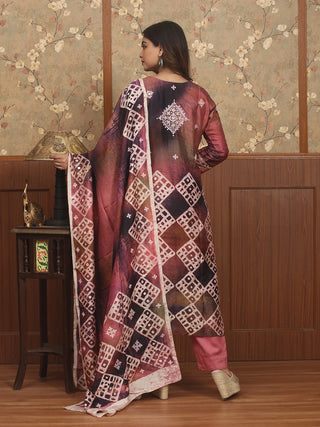 RAAG RANG –Wine & Dusty Rose Murshidabad Silk Designer Kurta Set with Hand Batik & Gujarati Embroidery