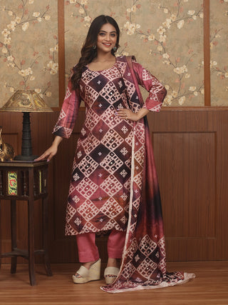 RAAG RANG –Wine & Dusty Rose Murshidabad Silk Designer Kurta Set with Hand Batik & Gujarati Embroidery