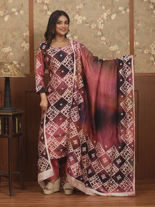 RAAG RANG –Wine & Dusty Rose Murshidabad Silk Designer Kurta Set with Hand Batik & Gujarati Embroidery
