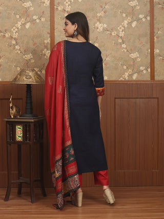 NEEL RAAGINI – Navy Lawn Cotton Designer Kurta Set with Kalamkari Yoke & Gamthi Mirror Patchwork