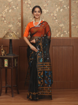 Black with Multicolour Weaves Handwoven Muslin Dhakai Jamdani Saree