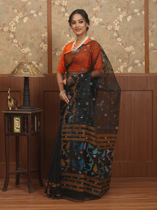 Black with Multicolour Weaves Handwoven Muslin Dhakai Jamdani Saree