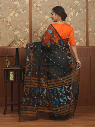 Black with Multicolour Weaves Handwoven Muslin Dhakai Jamdani Saree