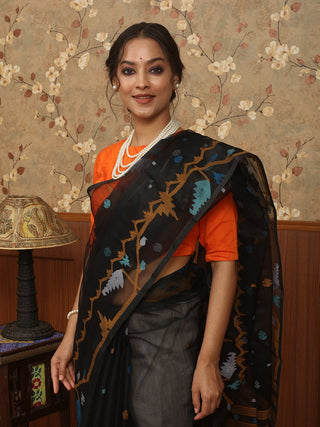 Black with Multicolour Weaves Handwoven Muslin Dhakai Jamdani Saree