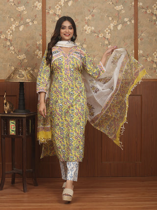 Basanti Vana – Golden Meadow Sanganeri Cotton Kurta Pant Set with Kota Dupatta