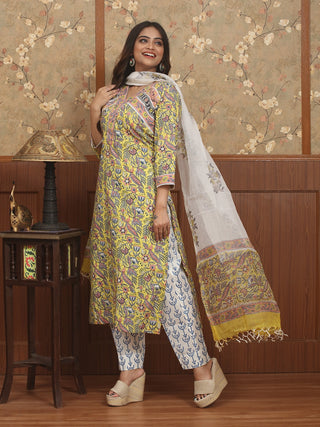 Basanti Vana – Golden Meadow Sanganeri Cotton Kurta Pant Set with Kota Dupatta
