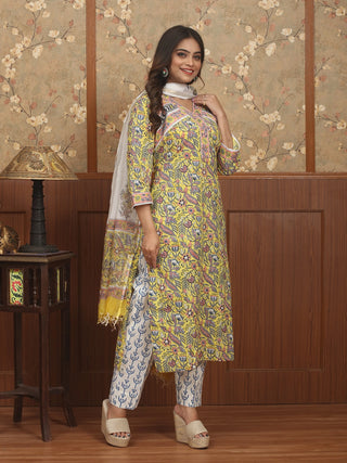 Basanti Vana – Golden Meadow Sanganeri Cotton Kurta Pant Set with Kota Dupatta