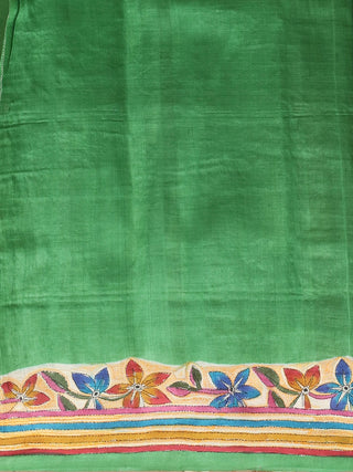 Emerald Green Paatli Pallu Pure Tussar Silk Saree with Hand Painting & Kantha Embroidery