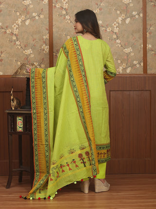 HARIT TARANG – Lime Green Chettinad Cotton Designer Kurta Set with Hand Warli Art