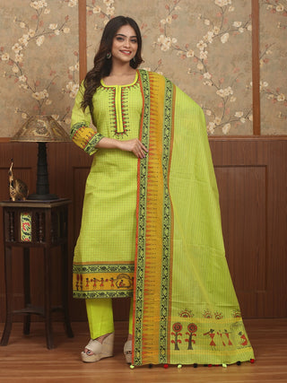 HARIT TARANG – Lime Green Chettinad Cotton Designer Kurta Set with Hand Warli Art