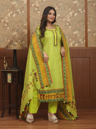 HARIT TARANG – Lime Green Chettinad Cotton Designer Kurta Set with Hand Warli Art