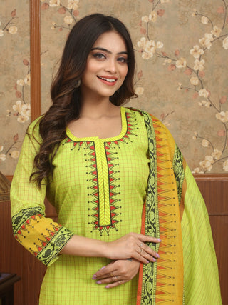 HARIT TARANG – Lime Green Chettinad Cotton Designer Kurta Set with Hand Warli Art