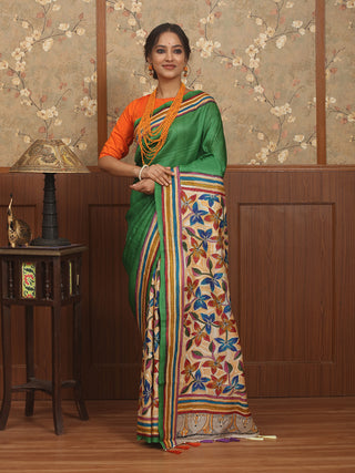 Emerald Green Paatli Pallu Pure Tussar Silk Saree with Hand Painting & Kantha Embroidery