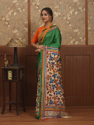 Emerald Green Paatli Pallu Pure Tussar Silk Saree with Hand Painting & Kantha Embroidery