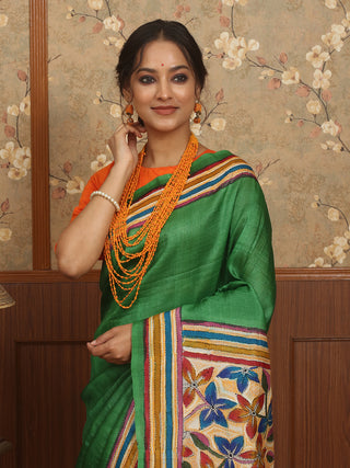Emerald Green Paatli Pallu Pure Tussar Silk Saree with Hand Painting & Kantha Embroidery