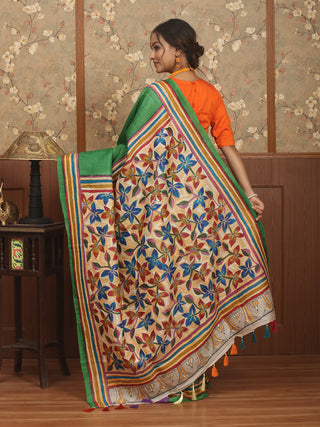 Emerald Green Paatli Pallu Pure Tussar Silk Saree with Hand Painting & Kantha Embroidery