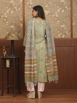 Hariyali Rang – Spring Meadow Sanganeri Cotton Kurta Pant Set with Kota Dupatta