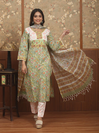Hariyali Rang – Spring Meadow Sanganeri Cotton Kurta Pant Set with Kota Dupatta