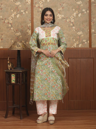 Hariyali Rang – Spring Meadow Sanganeri Cotton Kurta Pant Set with Kota Dupatta