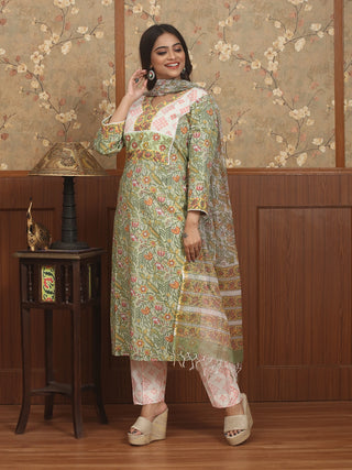 Hariyali Rang – Spring Meadow Sanganeri Cotton Kurta Pant Set with Kota Dupatta