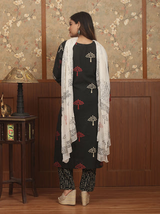 Shyam Rang – Black and White Bagru Cotton Kurta Pant Set with Chiffon Dupatta