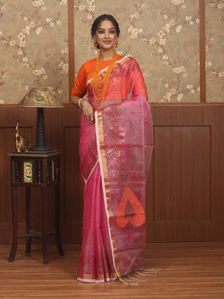 Rose Pink Bengal Handloom Muslin Saree with Jamdani Weaves and Sequin Embellishments